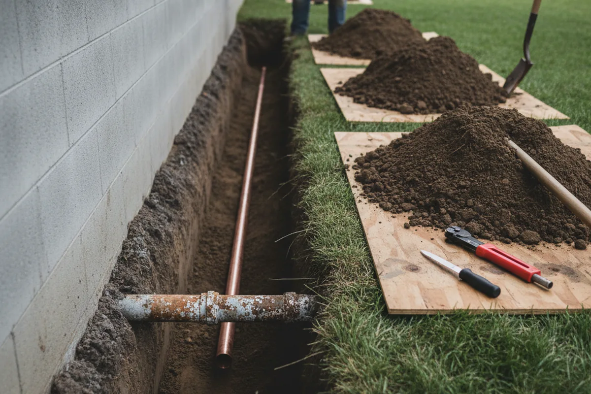 Excavated water line trench during Water Softener Installation in Raceland